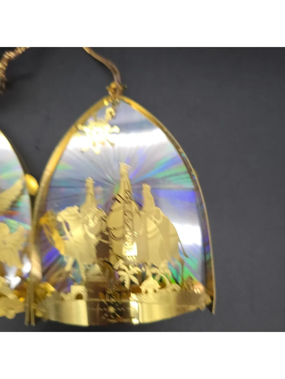 Vintage Christmas Ornament 3D Brass Holographic Nativity Triptych MCM Lantern